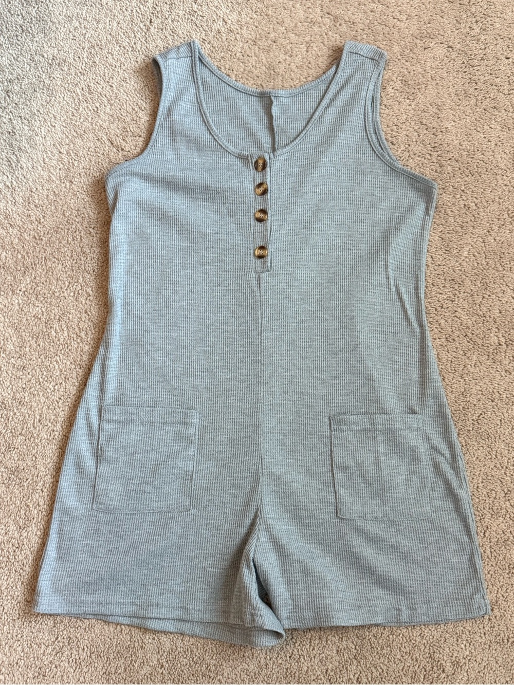 Sleeveless Ribbed Henley Romper in Mist Blue